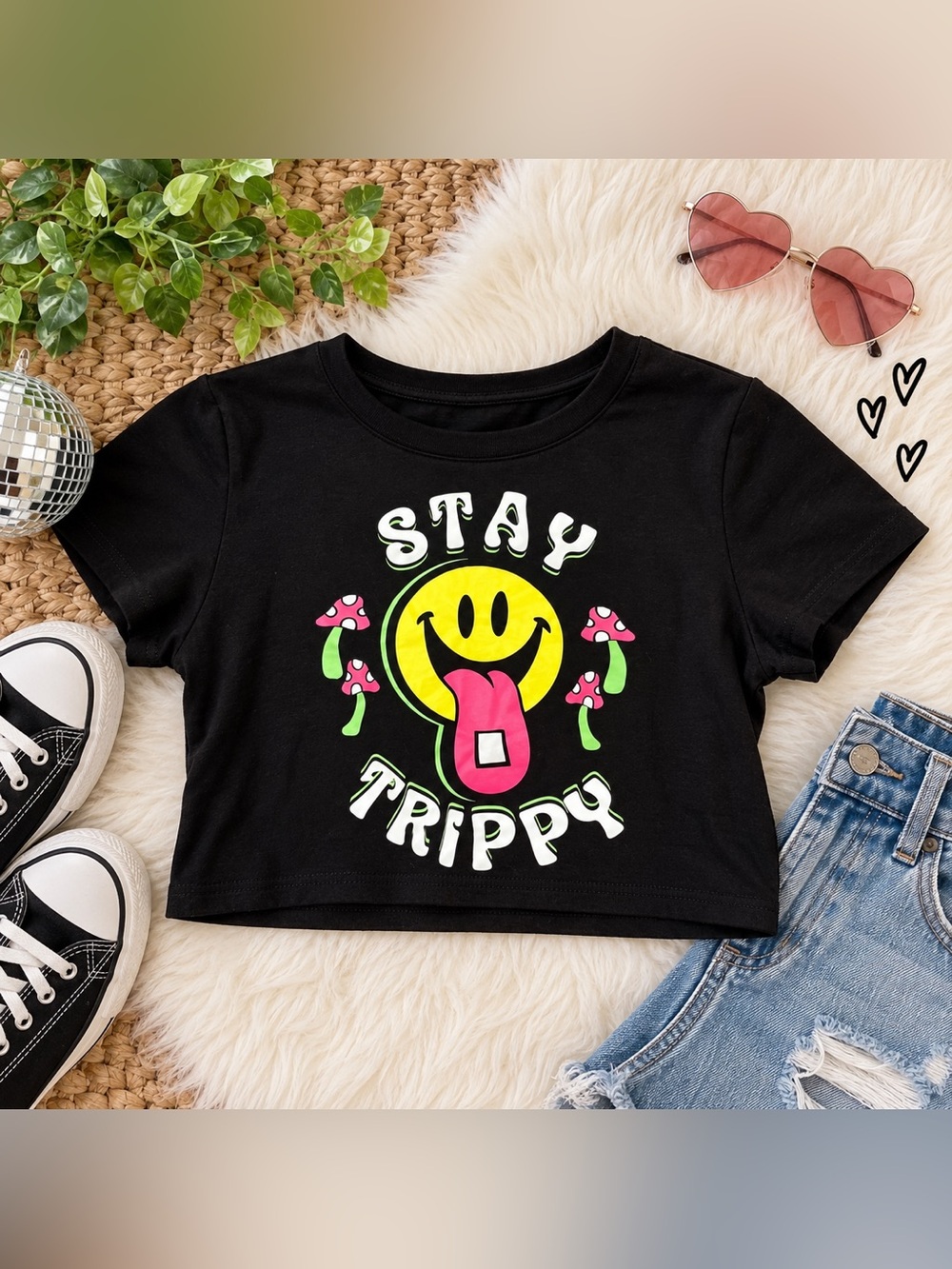 iHeartRaves Stay Trippy Smiley Mushroom Crop Baby Tee Size S NWOT
